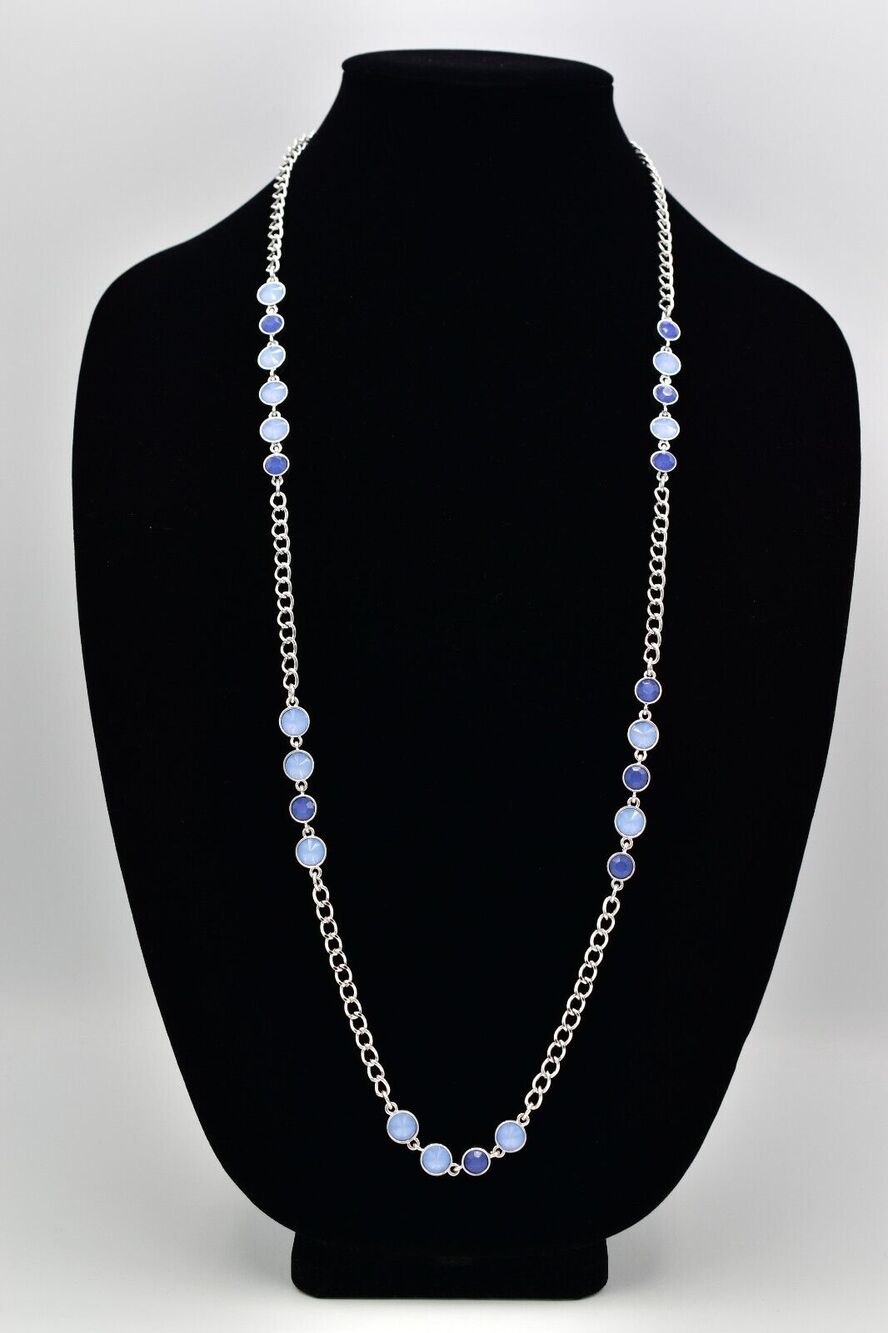 Vintage Station Chain Necklace Sky Blue Crystal Silver Tone Long Y2K BinBJ